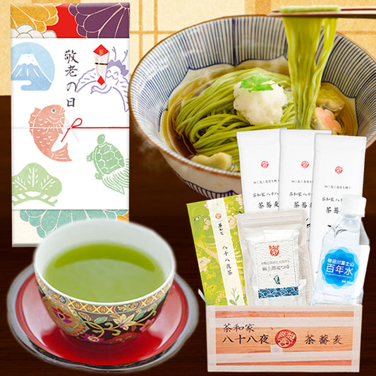 そば 茶カテキンと蕎麦 健康を願う 茶和家 八十八夜茶そばギフト ( 富山更級そば 6人前 、天然だしそばつゆ6人前、掛川深蒸し八十八夜茶50g、/柿田川湧水500ml) 詰め合わせギフト